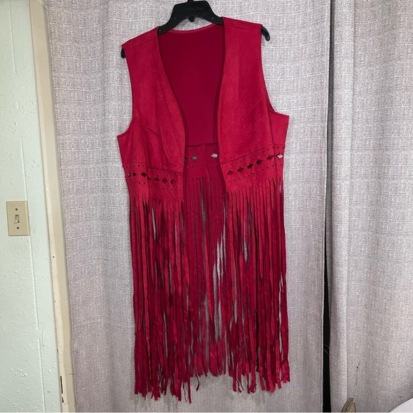Red Fringe Vest Western Boho Festival Style Women’s 2XL Faux Suede - Picture 2 of 7